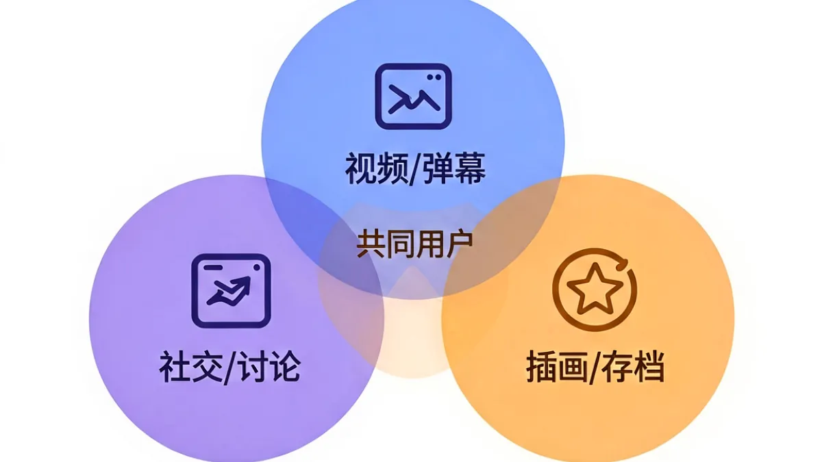 用信息图形式展示91次元、B站、pixiv三个平台的用户需求定位差异，包含消费、创作、社交三个维度