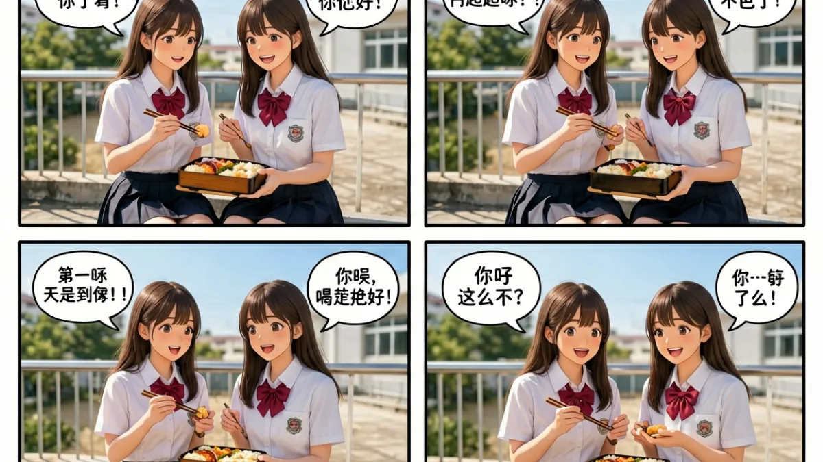 91次元四格漫画截图：校园日常题材，两个女生在屋顶分享便当，对白轻松有笑点