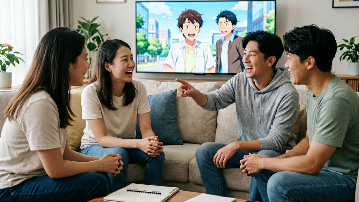 多位动漫用户围坐在屏幕前热议91次元平台内容与使用体验的场景